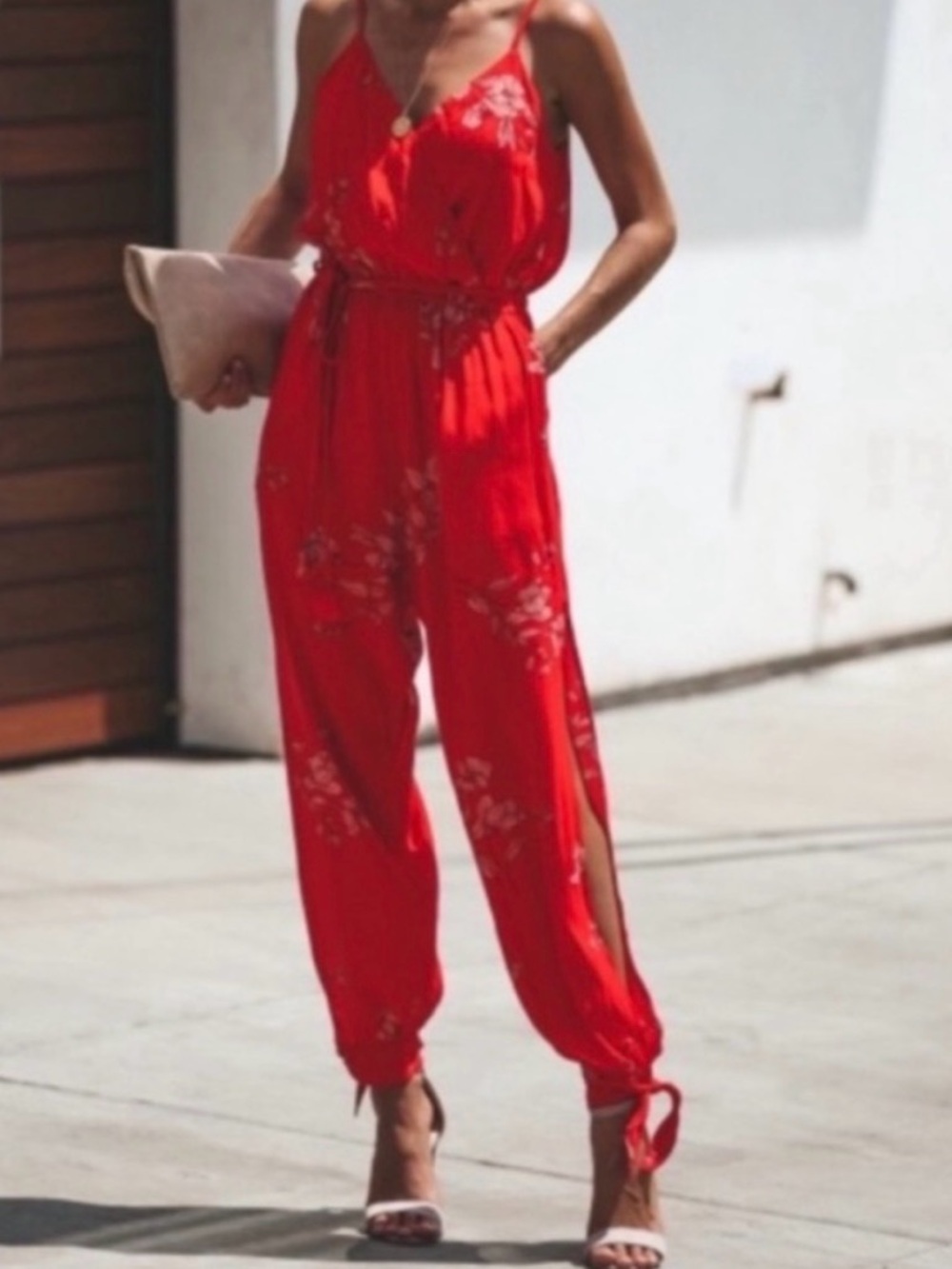 Vicki Red Floral Tie-Ankle Split Leg Jumpsuit - Women